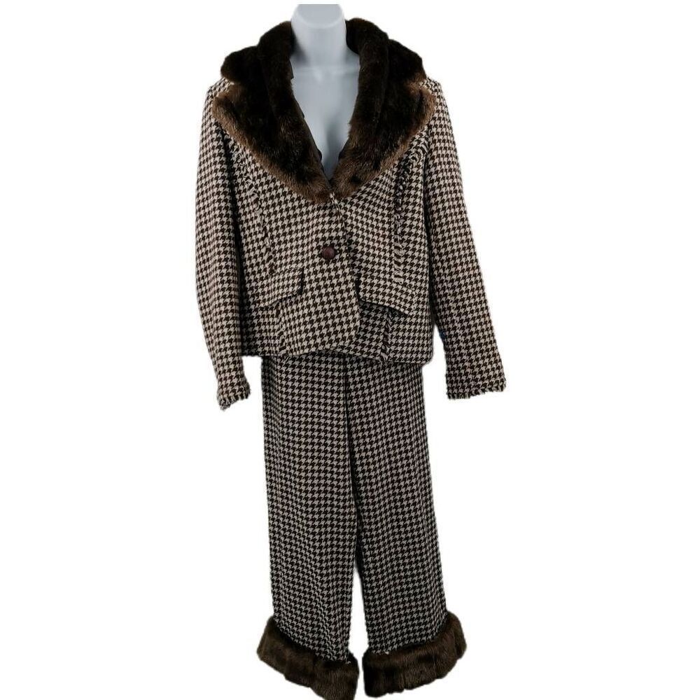 Vintage Brown and Cream Houndstooth Suit with Faux Fur Trim | MetroStyle